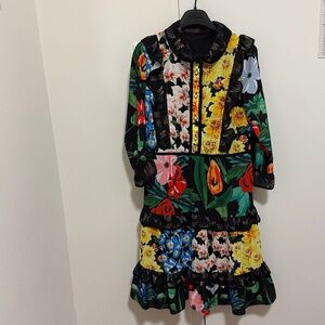 Black Floral & Butterfly Print Dress with Ruffle Details. Womens Size Small.